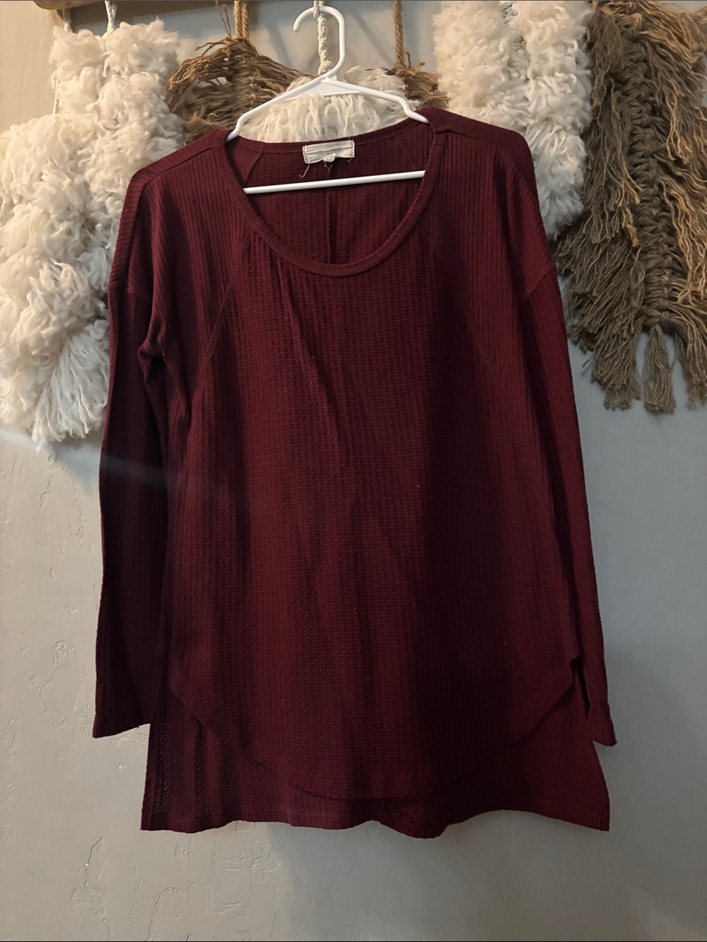 Long Sleeve Waffle Knit Tunic Top - Burgundy
